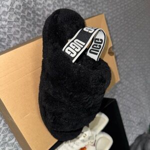 UGG Black Fluffy Slides with Logo Strap